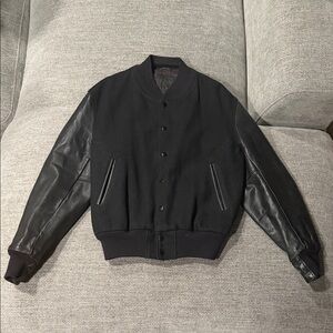 Vintage Golden Bear Men's Wool Blend Canvas Black Leather Sleeve Bomber Jacket